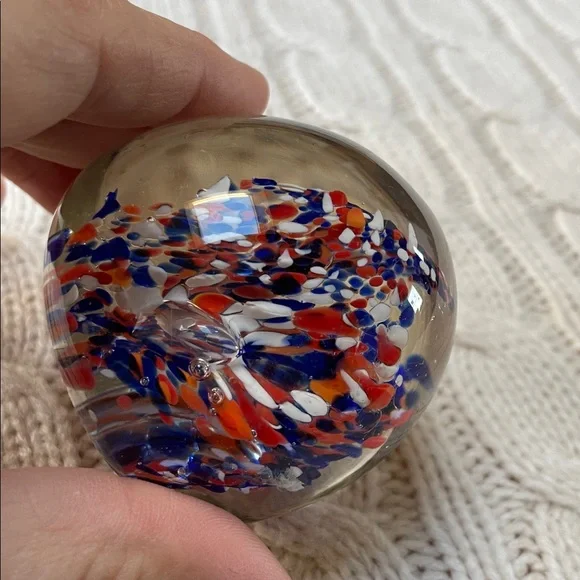 Abstract Glass Art Paperweight Sphere Dome- Red, Blue, and White flat bottom - Picture 9 of 12
